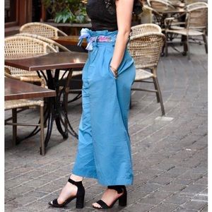 Zara Wide Leg Blue High waisted Belted Pants